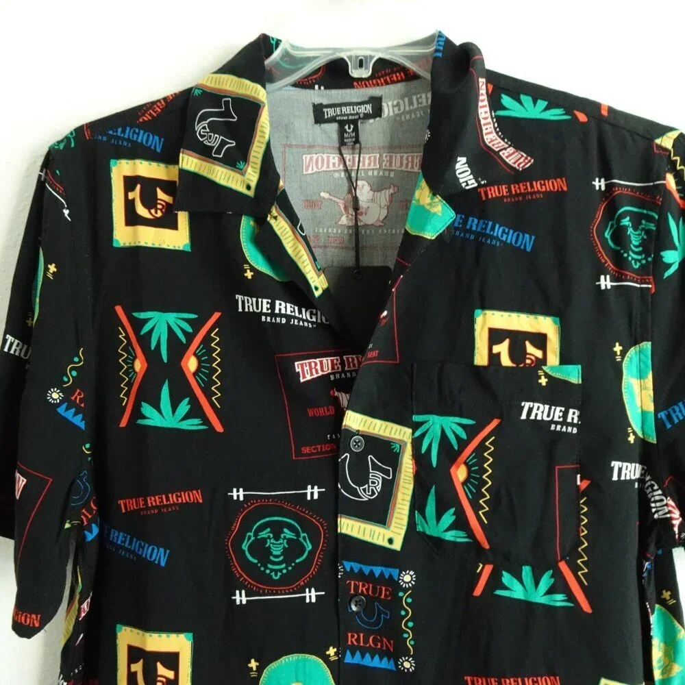 True Religion Button Up Shirt Men's Size M Black Resort Print Resortwear Camp